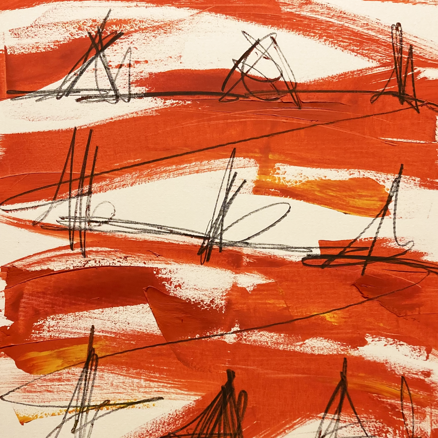 Tracce su quadrato rosso - Fabio Ramagnano, 2022-2026, Olio e matita 14B su tela